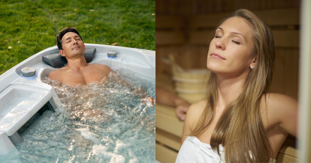 sauna vs hot tub. A man relaxing in a hot tub on the left and a woman relaxing in a sauna on the right.